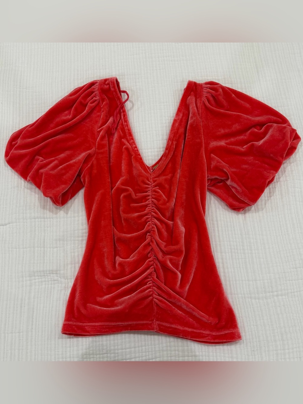 free people coral red velvet ruched puff sleeve top